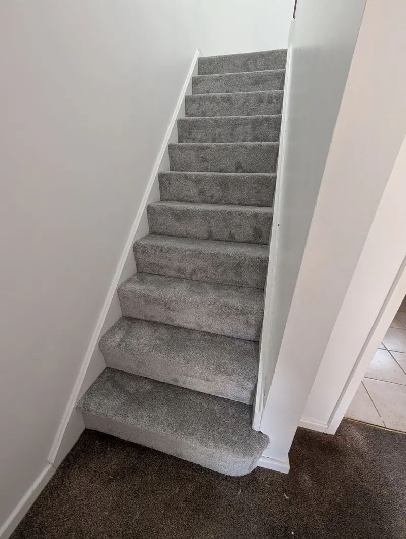 Grey carpet fitted up a flight of stairs and around the bottom step into a hallway.